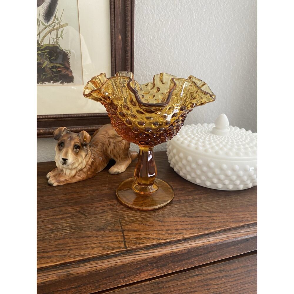 Vintage Fenton Hobnail Amber Glass Compote Dish Ruffled Edge Compote Pedestal